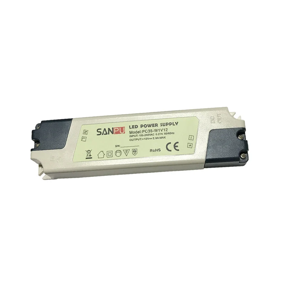 35W LED transformer in plastic housing, featuring screw terminals, mounting holes, and a label showing 12V/2.9A output.