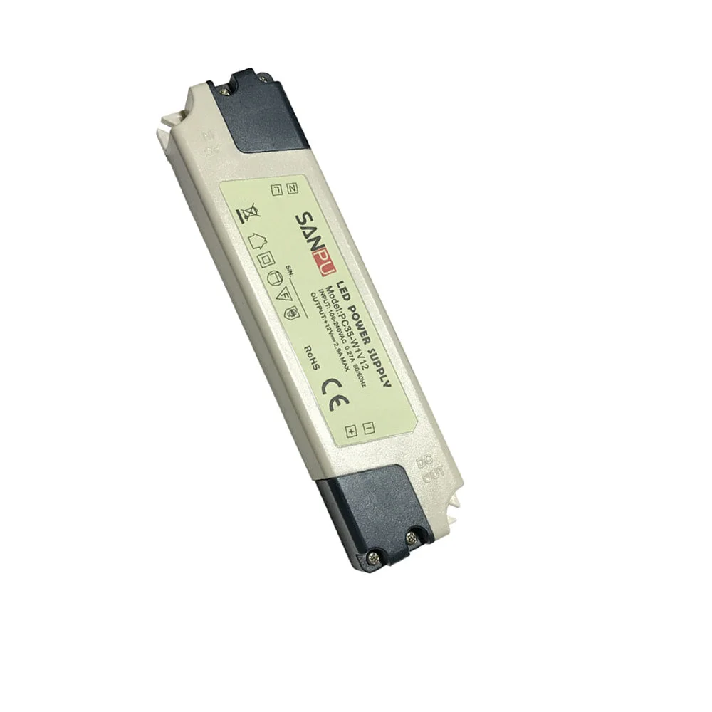 Compact indoor LED driver in plastic housing with screw terminals, marked 12V 35W, suitable for strip lights