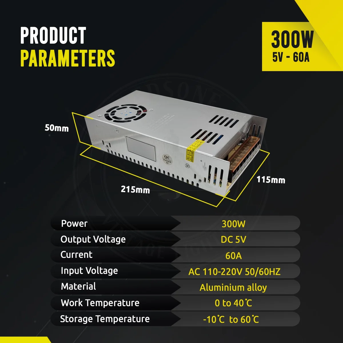 Compact 300W switching power supply in sleek aluminium case with honeycomb heat sink and screw terminals