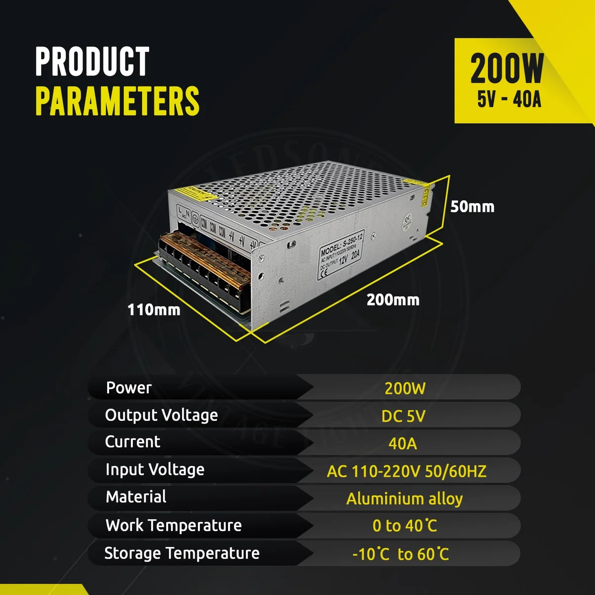 Metal 5V LED driver transformer with vented casing, labelled 200W power supply, 40A output – suitable for LED strips and CCTV.