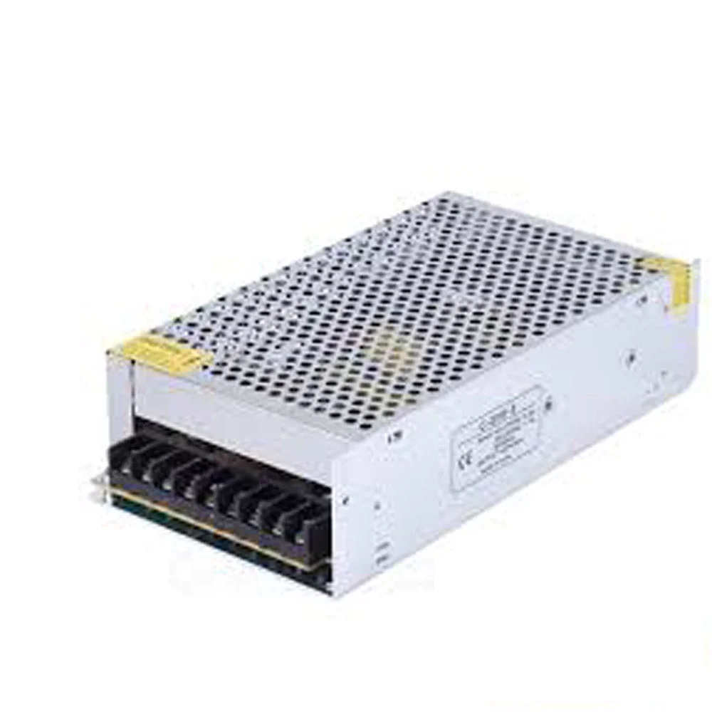 Compact 200mm × 110mm metal 5V LED transformer with vented housing, labeled AC 110‑220V input and 5V DC output.