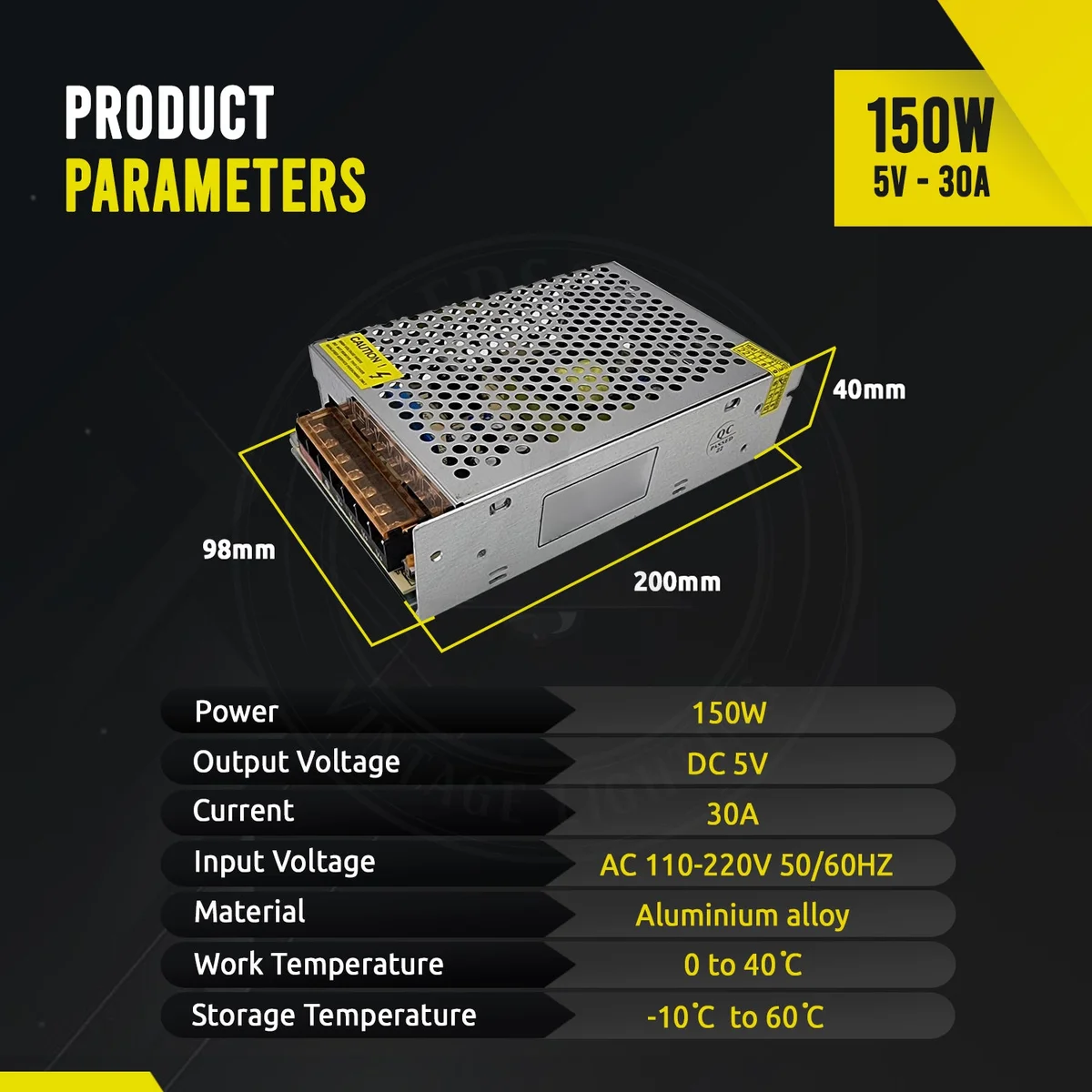 Compact metal LED strip power supply, 5V 150W, 30A, with screw terminals and honeycomb ventilation in a 20×9.8×4 cm case.
