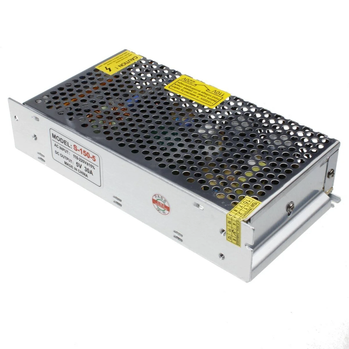 Compact metal 30A LED driver 5V 150W power supply with screw terminals and honeycomb ventilation