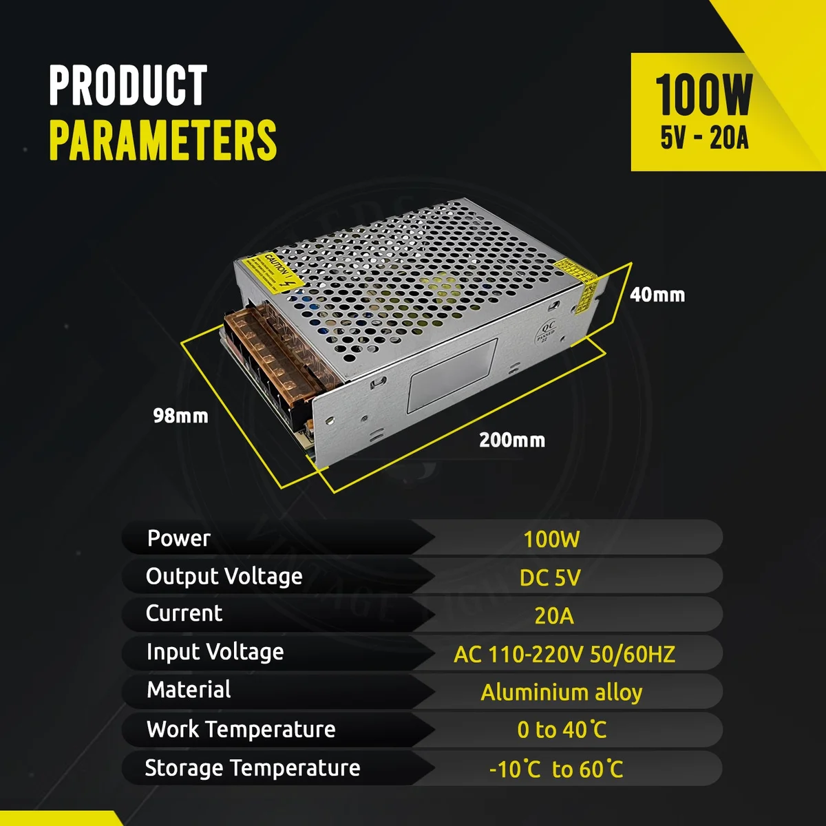 Compact 5V 100W LED driver 20A current with aluminium housing, honeycomb heat sink, labels show AC 100–240V input.