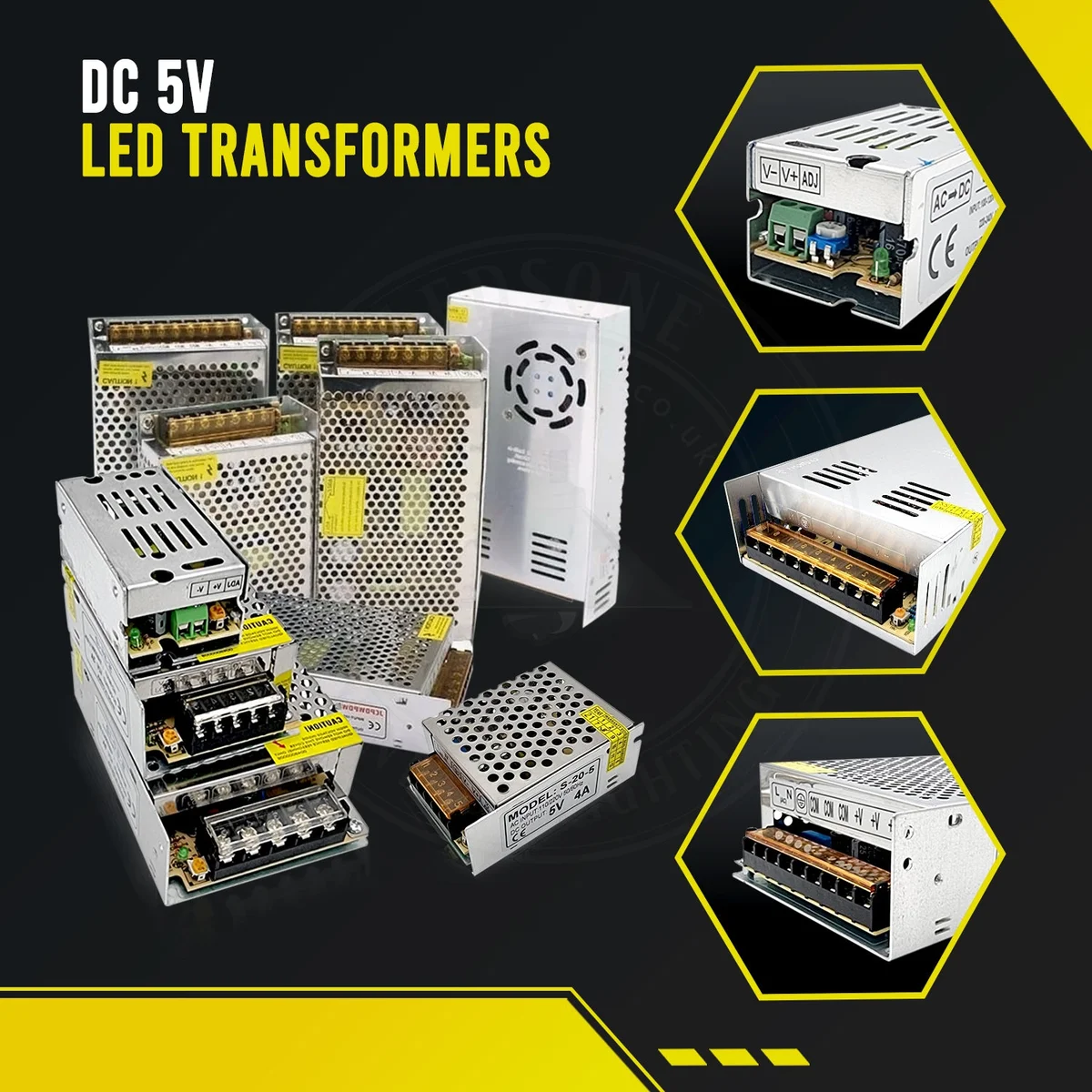 Flat aluminium alloy power supply unit with honeycomb heat sink, labelled DC 5V 100W, showing constant voltage transformer