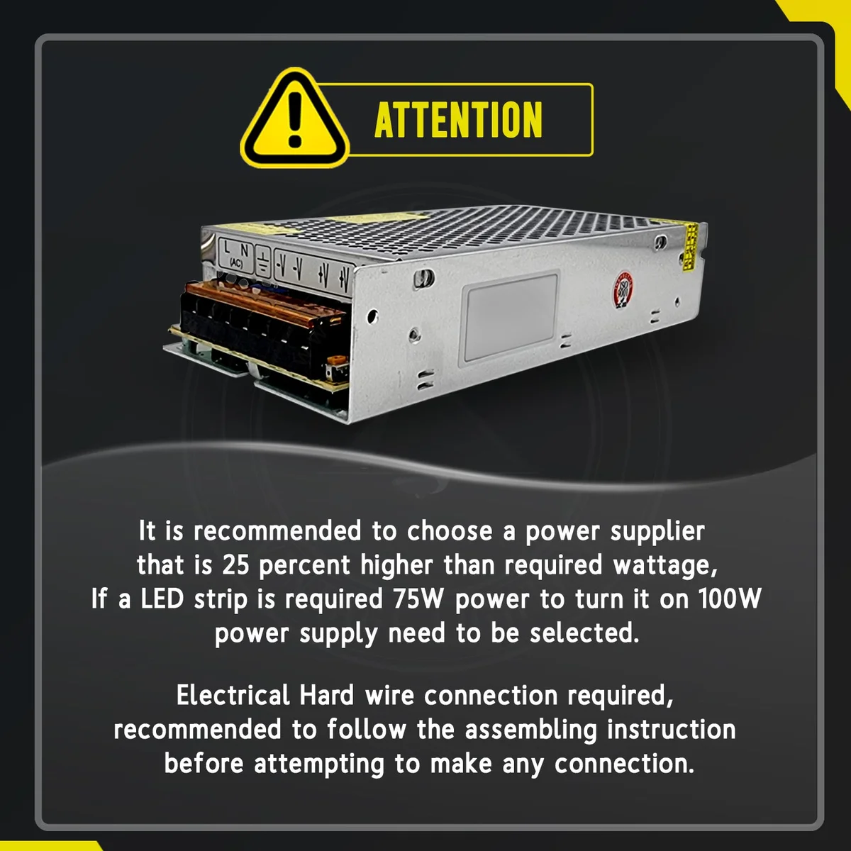 Compact 50W power adapter with aluminium alloy case, screw terminal output and a DC 5V switch for 110V/220V.