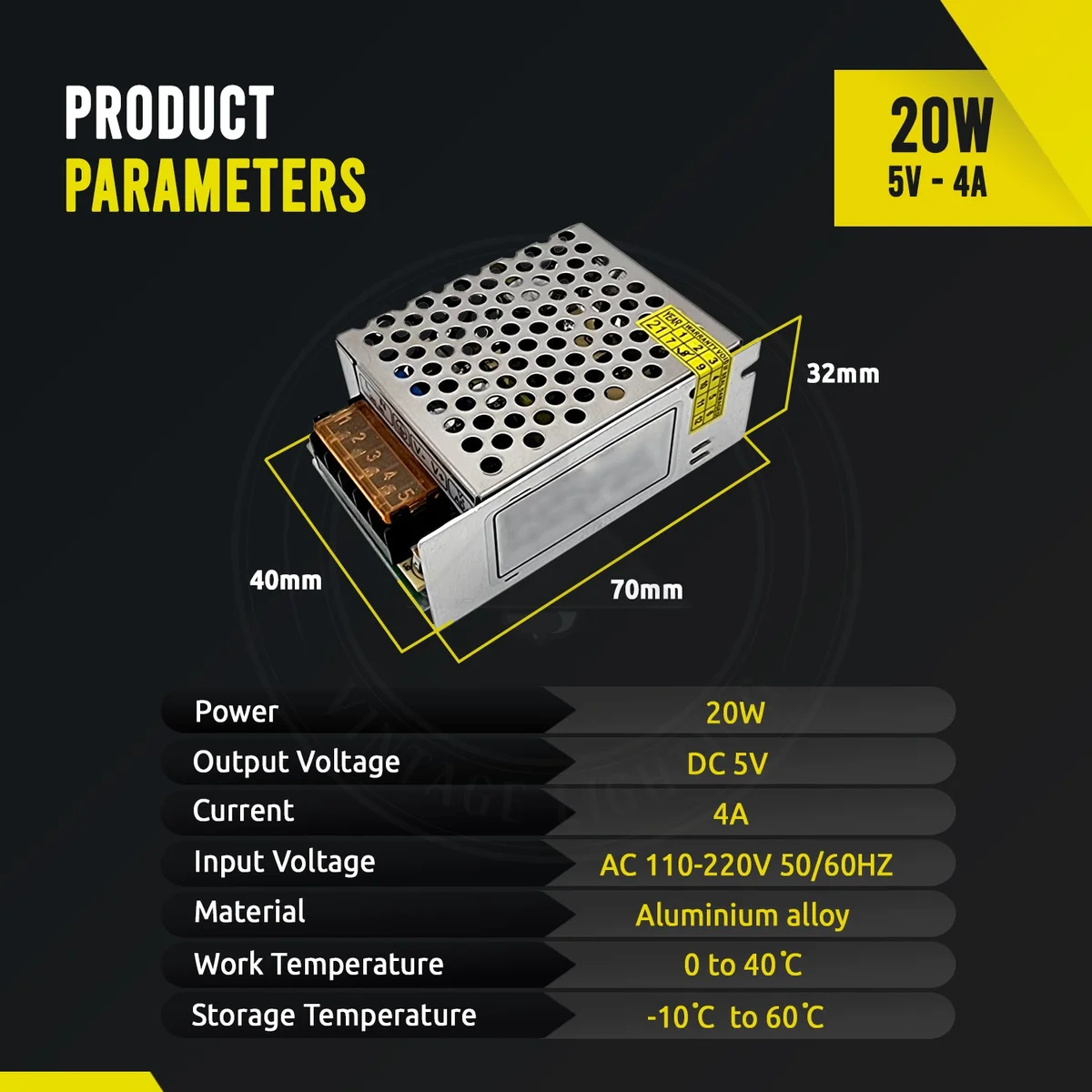 Compact aluminium alloy switching power supply unit with screw terminals and mounting screw, label 5V 4A 20W.