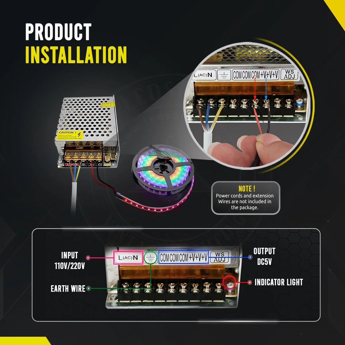 Compact ultra‑thin aluminium alloy 5V 4A power supply with industrial screw terminals, suitable for LED strips and display panels.