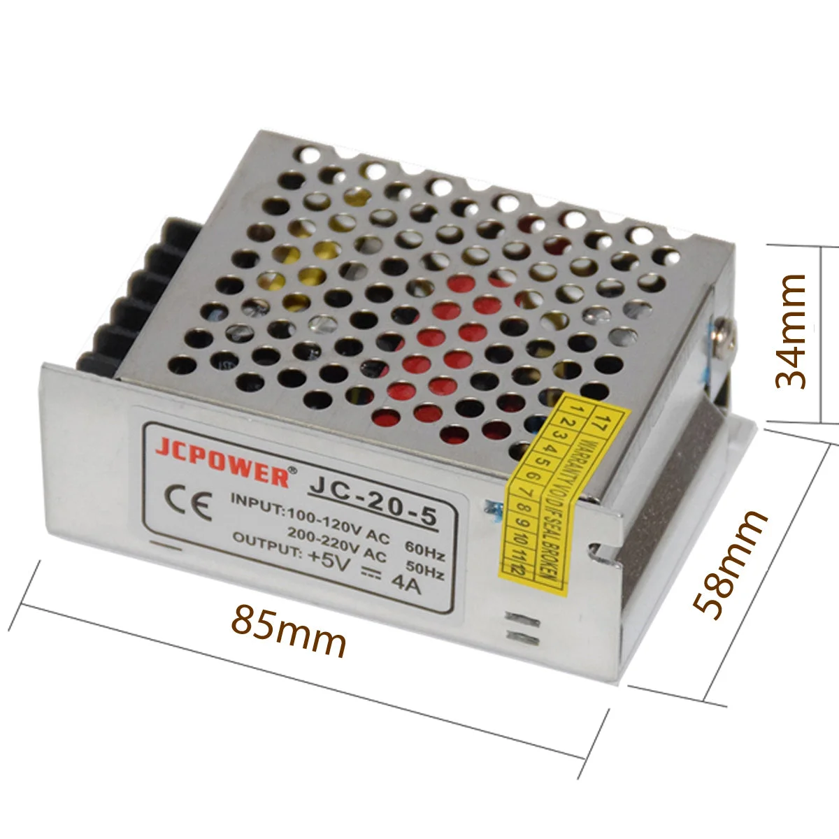 Compact 5V 4A power supply in thin aluminium alloy case with industrial screw terminal points and ventilation fins