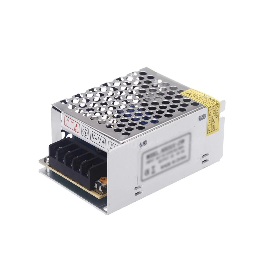 Compact aluminium alloy 30W LED transformer with honeycomb heat sink, 5V DC output, labelled on front; white plastic plate.