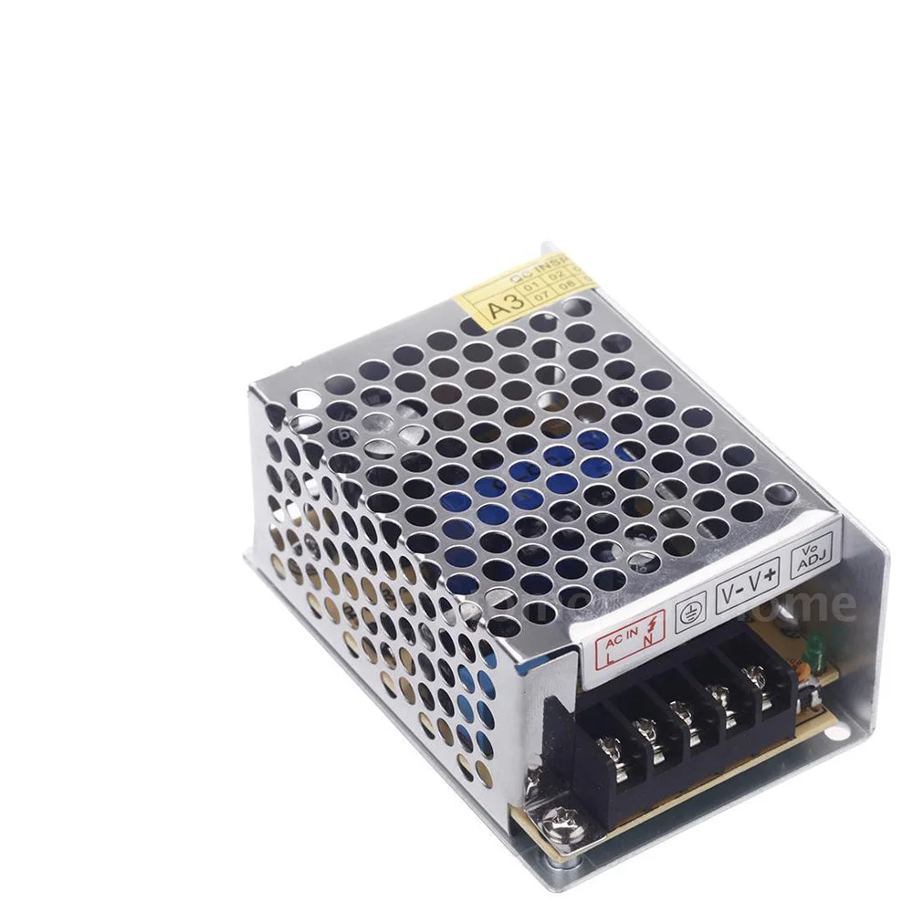 5V LED power supply in aluminium alloy housing, compact rectangular chassis with honeycomb heat sink and visible DC output port