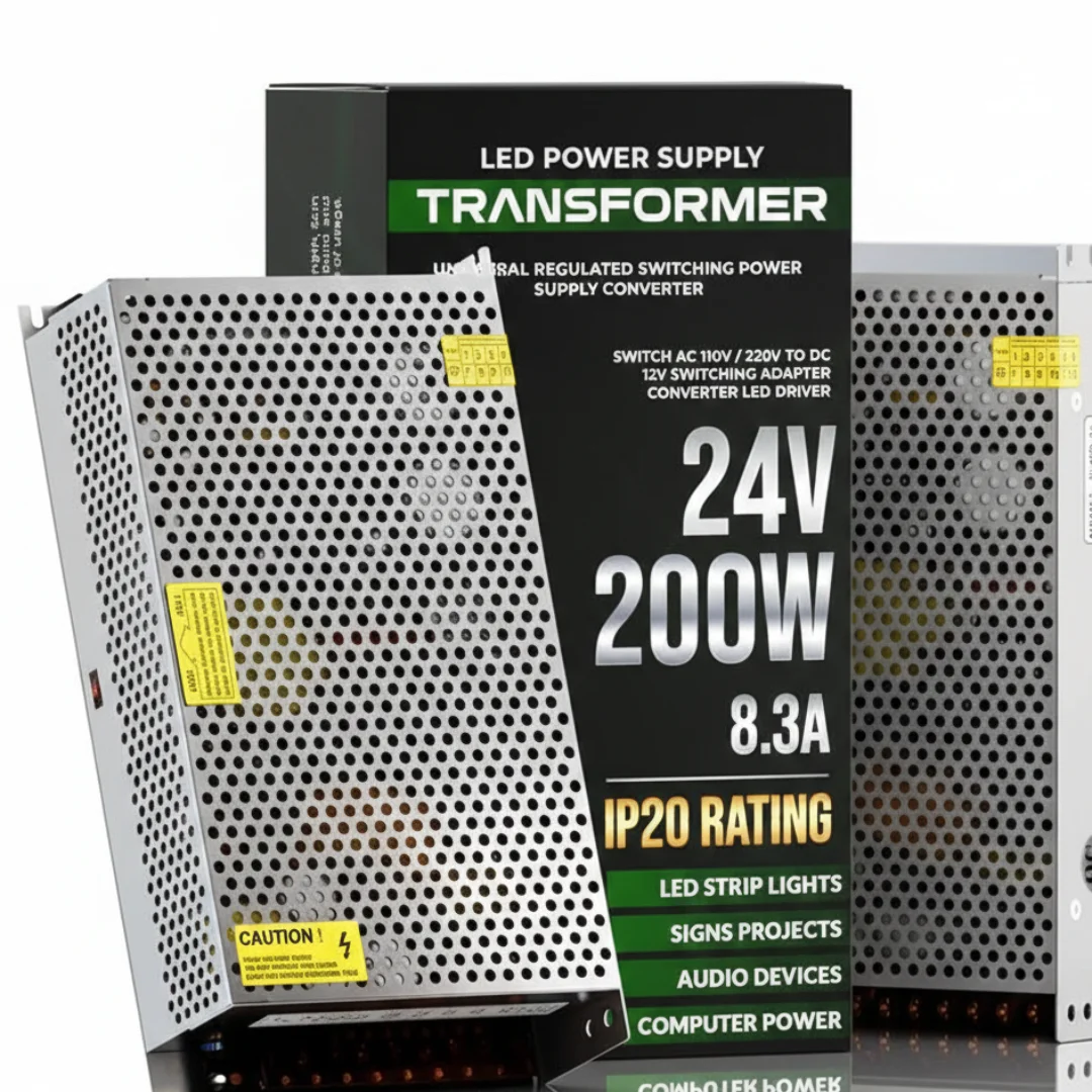 24V LED driver with aluminum shell and screw terminals, marked 200W