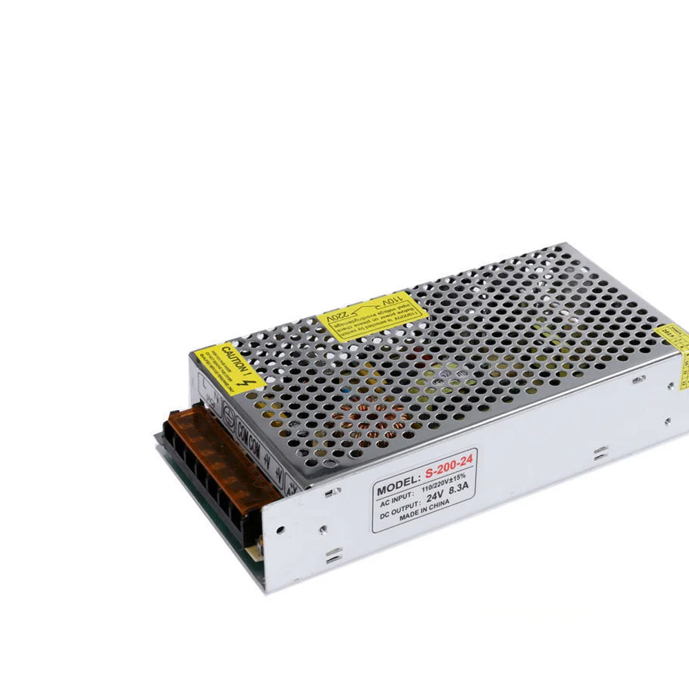 Aluminium‑enclosed universal regulated power supply with a display, screw terminals and a 24V LED driver cable.