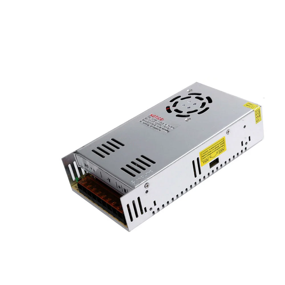Metal housing of 24V LED transformer with input labels, aluminium alloy case, fan vents, compact size 21.5x11.5x5 cm.