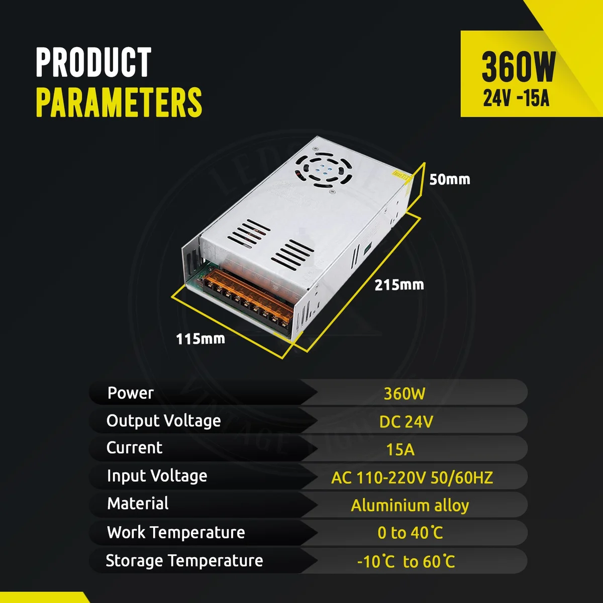 Compact aluminium alloy 360W power supply, 24V DC output, 15A current, fan ventilation, 21.5x11.5x5 cm.