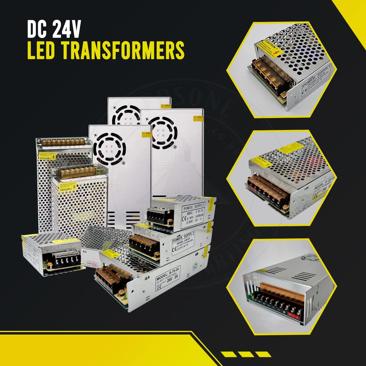 Compact aluminium alloy constant voltage transformer, 24 V DC, 360 W, with fan vents and metal housing.
