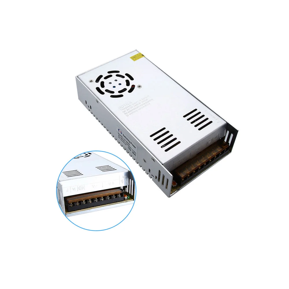 Compact aluminium 24V LED transformer with ventilation holes, AC input socket, 360W output.