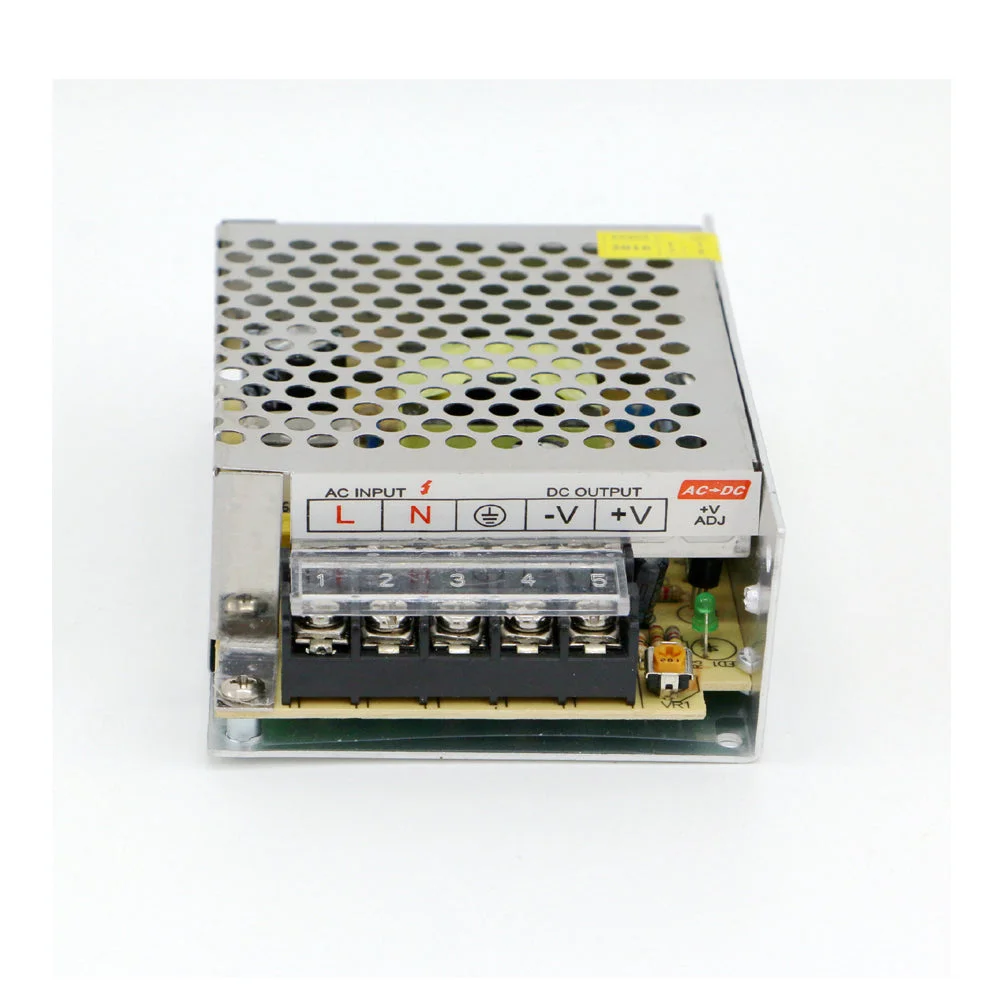 Regulated switching power supply in a metal enclosure with screw terminals, showing clear front panel and aluminum body.