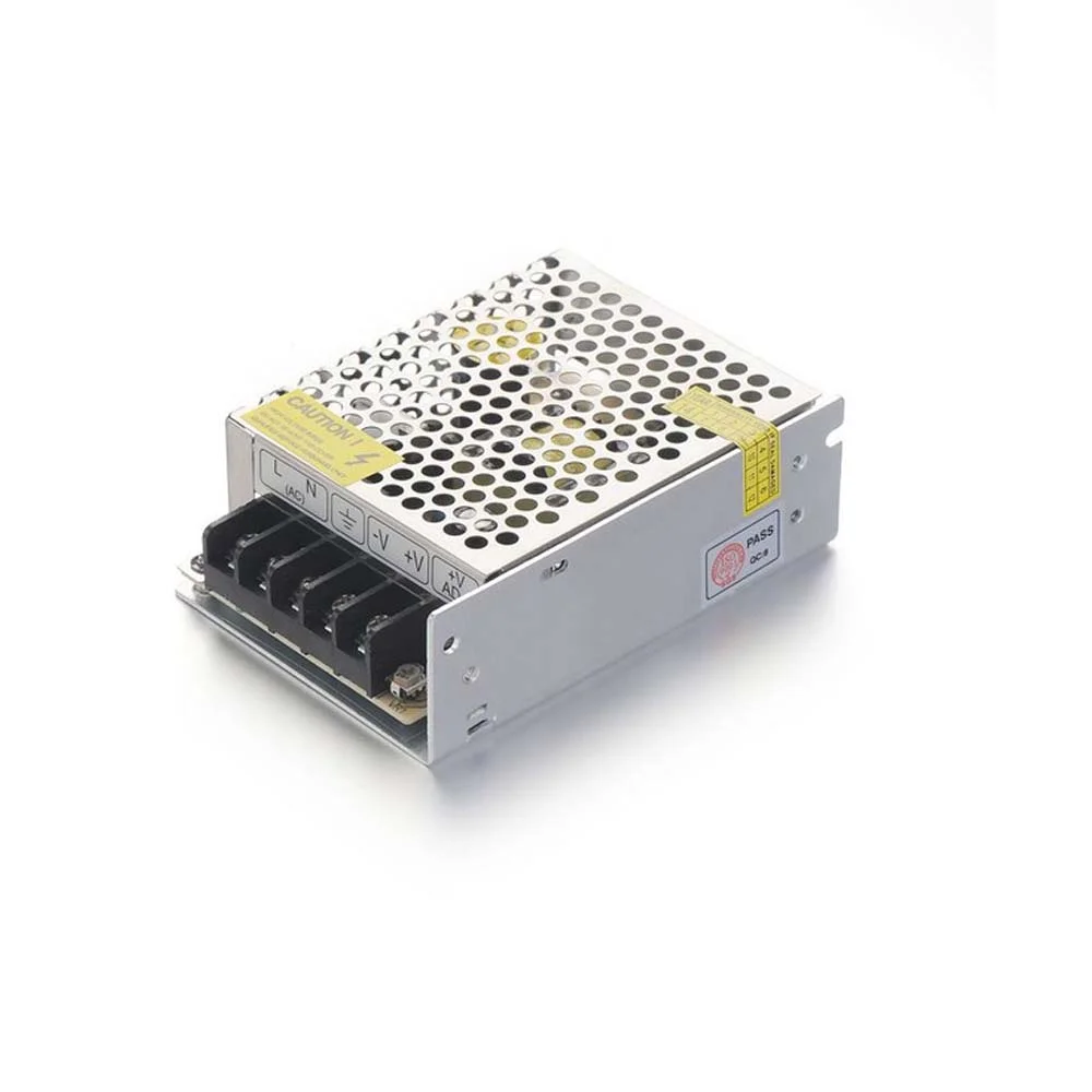 Cylindrical metal AC to DC power adapter with screw terminals, labeled 24V, 3A, 72W, IP20 rating, aluminum shell.