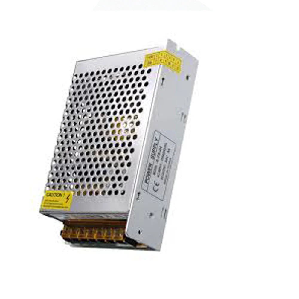 24V switching power supply with metal enclosure, screw terminals, labelled 72W, 3A output, simple compact design.