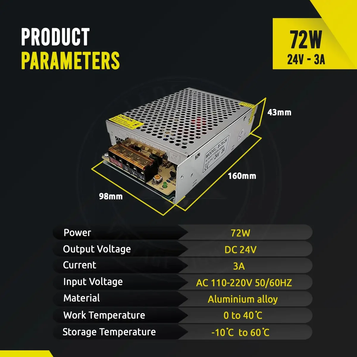 24V switching power supply with metal aluminium housing, screw terminals, 72W output, accepts 110‑220V AC.
