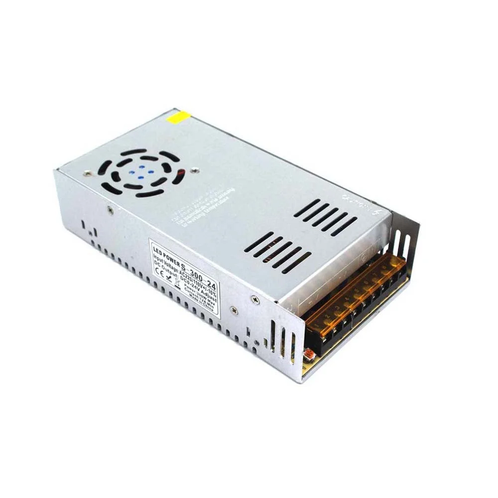 Compact 24V LED transformer with aluminium alloy case, black screw terminals, white label, 300W rating.