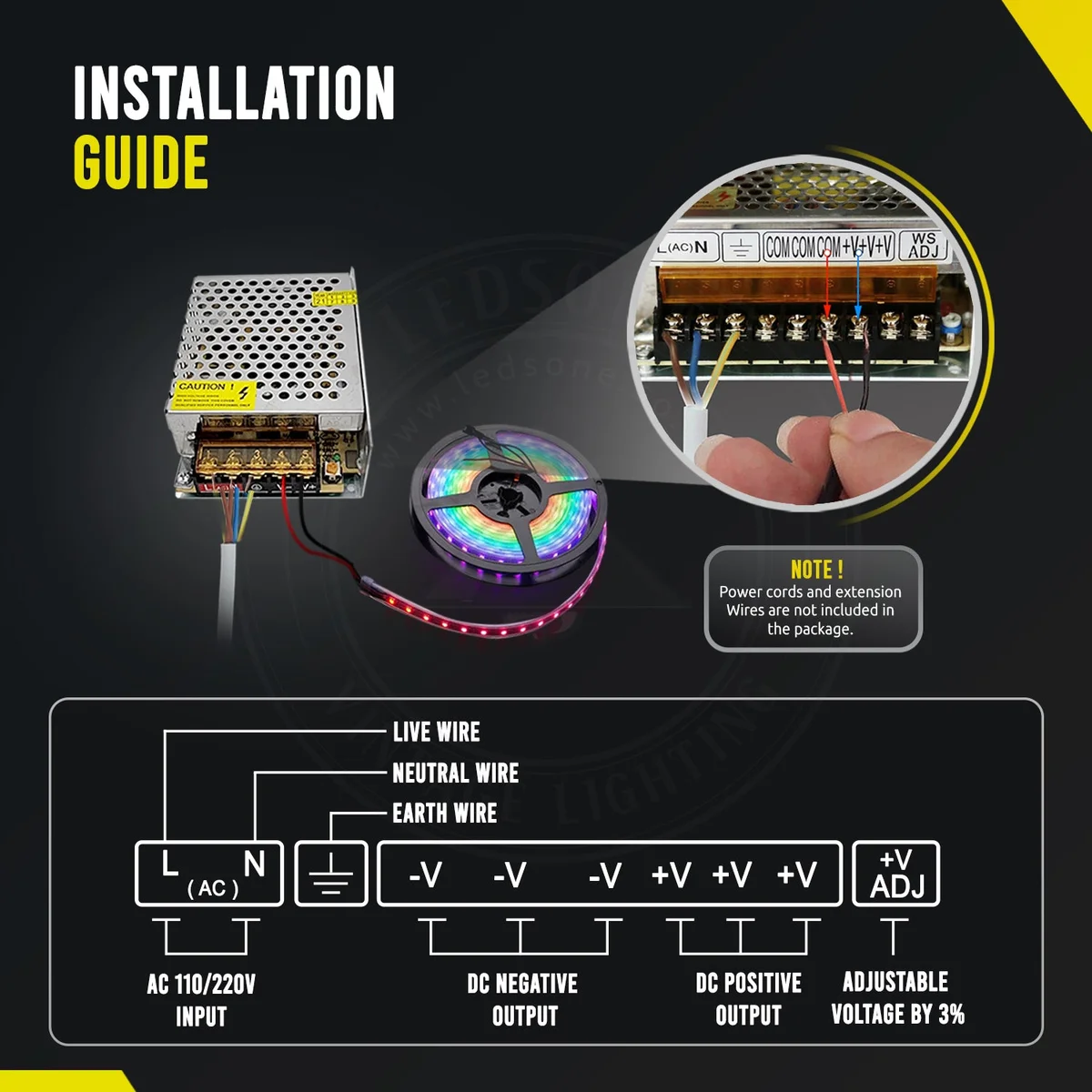 compact aluminium 24V LED transformer with screw terminals and honeycomb cooling, 215×50×115 mm