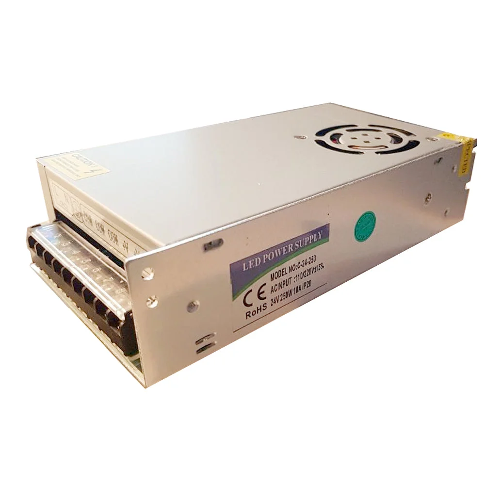 24V LED transformer in a metal enclosure with screw terminal connections, labeled 24V and 240W, portable and lightweight.