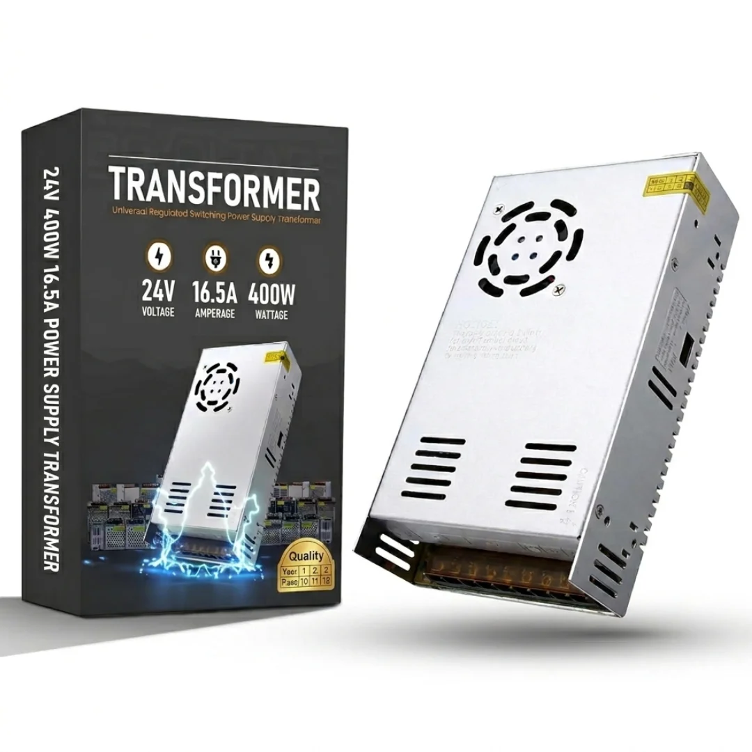Compact 400W 24V power supply in aluminum alloy housing, labelled input and output terminals on a white surface.