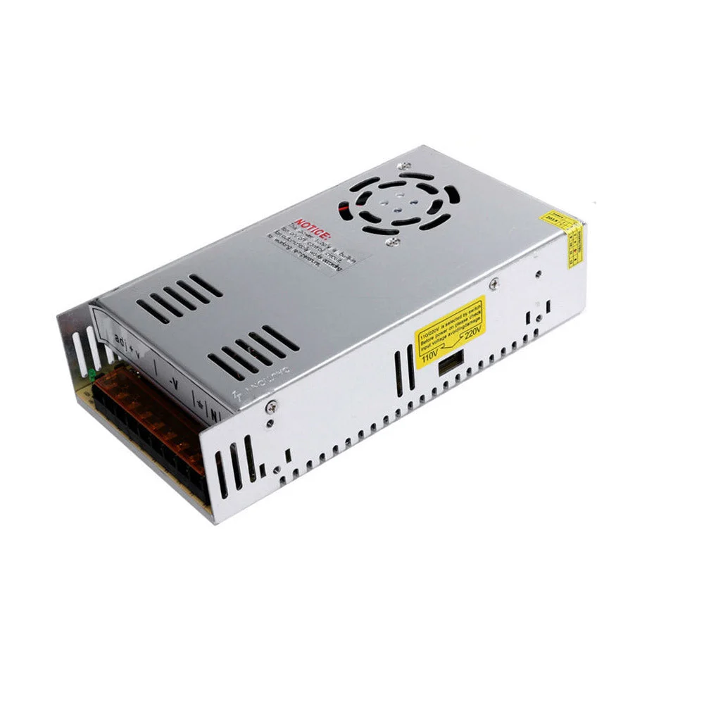 Sturdy 24V 400W regulated power supply in aluminum housing with built‑in fan, ventilation slots and mains connector