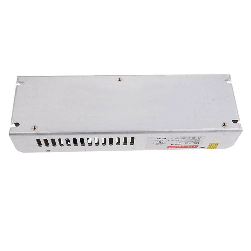 Aluminium alloy 12V power supply with ventilation holes, 360W output, two DC connectors, compact casing.