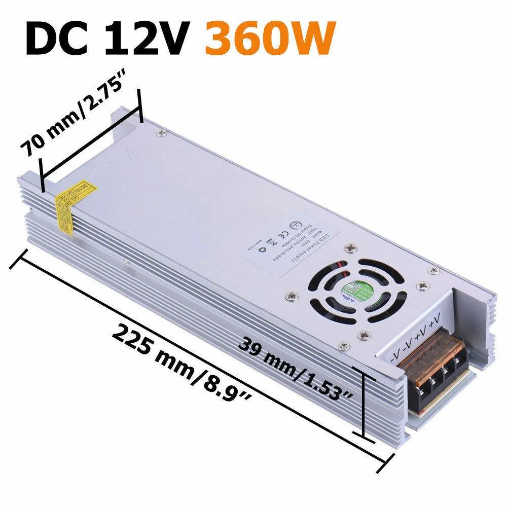 Compact 12V 360W power supply in aluminum alloy housing with ventilation holes, two DC outlets, and a built‑in cooling fan.