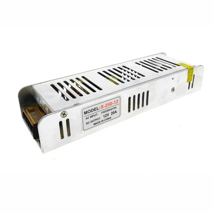 Compact 12V LED transformer in aluminium housing, 223 mm long, 68 mm wide, 40 mm high, vented with connector ports.