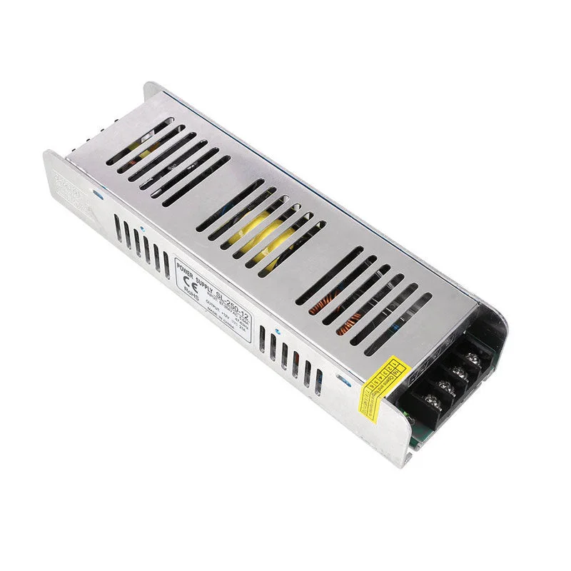 Compact 12V 250W power supply with aluminium housing and label, suitable for LED strips and CCTV cameras