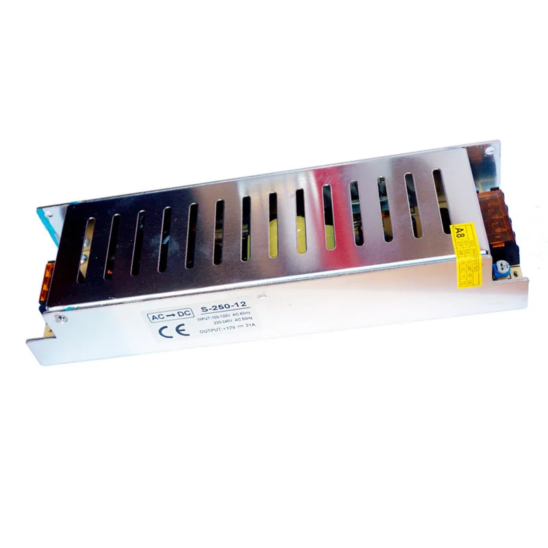 Compact aluminum housing of a constant voltage transformer, labeled DC 12V, with ventilation grilles.