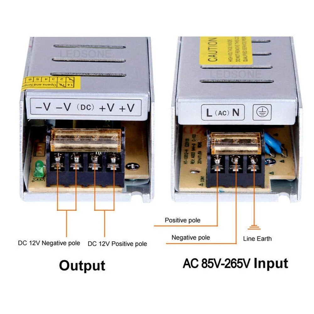Compact aluminium 12V LED transformer with rectangular housing, honeycomb vents, and printed model label