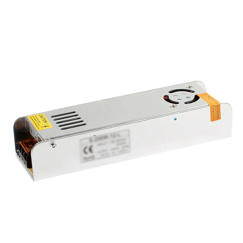 Mini 12V LED power supply with white housing, AC input terminals, DC output leads and fan cooling indicator.