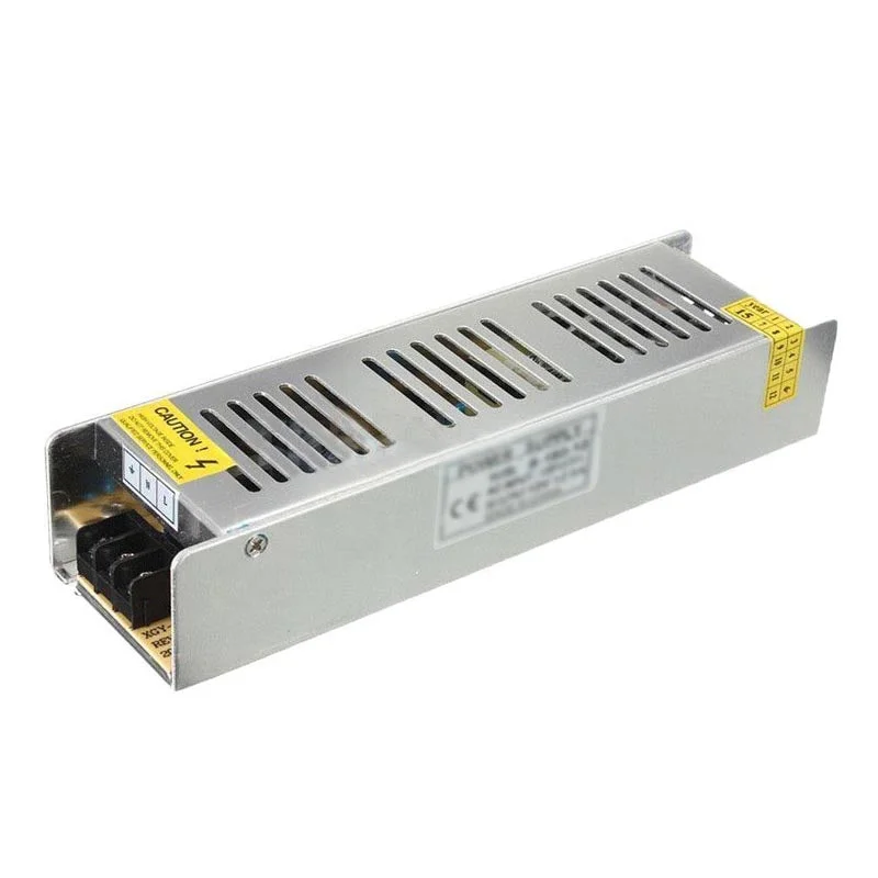 Compact 12V LED transformer, black casing, white label, AC input and LED output terminals, thin cooling fan.