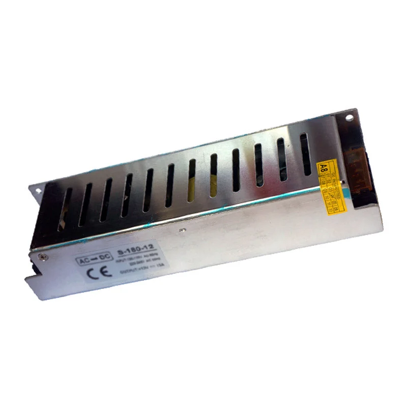 Compact black mini LED power supply with AC input and DC output leads, 12V/15A rating, labelled with safety certifications.