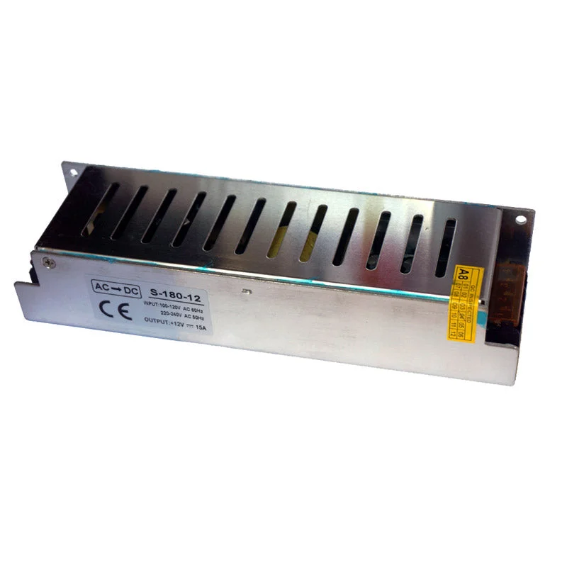 Compact 12V constant voltage transformer with black body, IP20 rating, input terminals for AC and DC, small clear casing