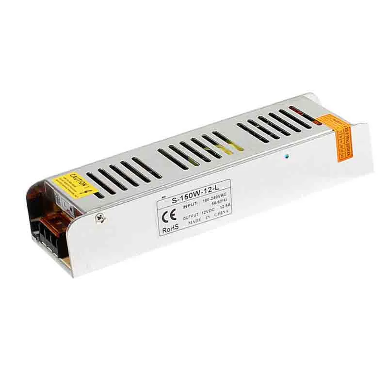 Compact aluminium alloy 12V switching power supply with screw terminals, IP20 rating, labeled 150W, suitable for LED lighting and electronics.