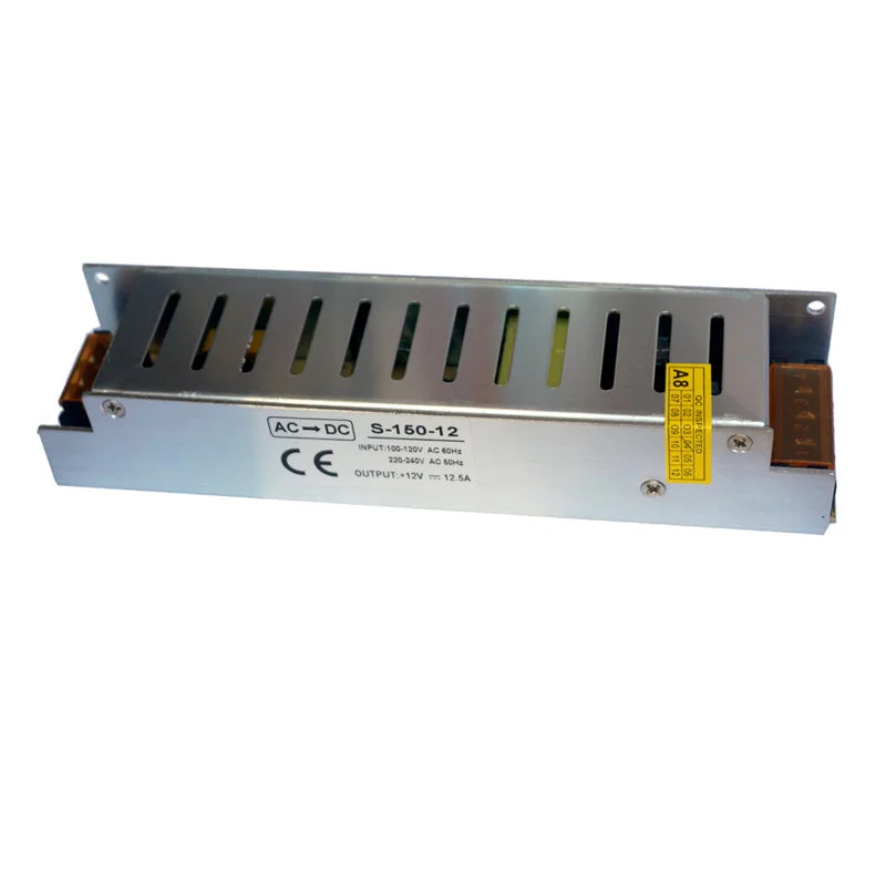 Rectangular aluminum alloy AC to DC power supply with screw terminals, input for 110/220V, output for 12V, 150W rating.
