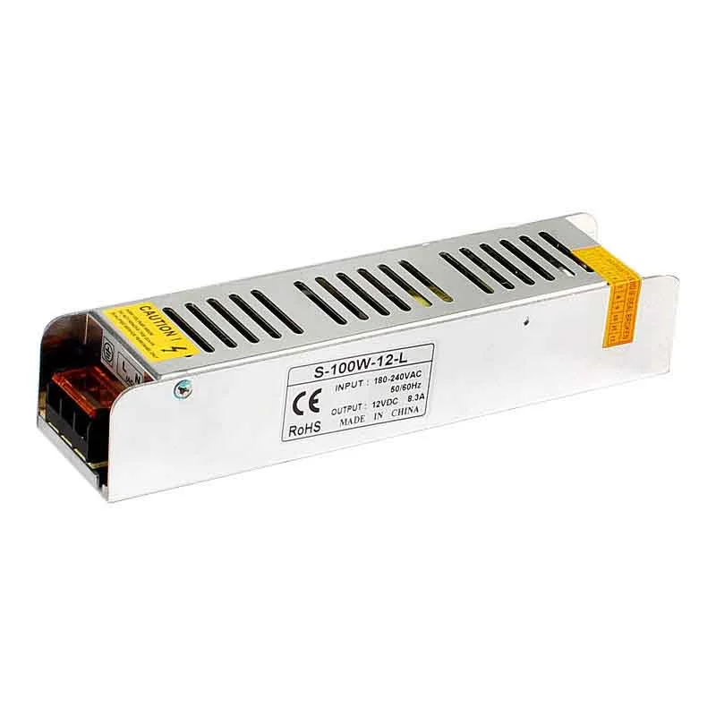 Compact 12V LED power supply transformer with labelled AC input and DC output terminals in a metal housing.