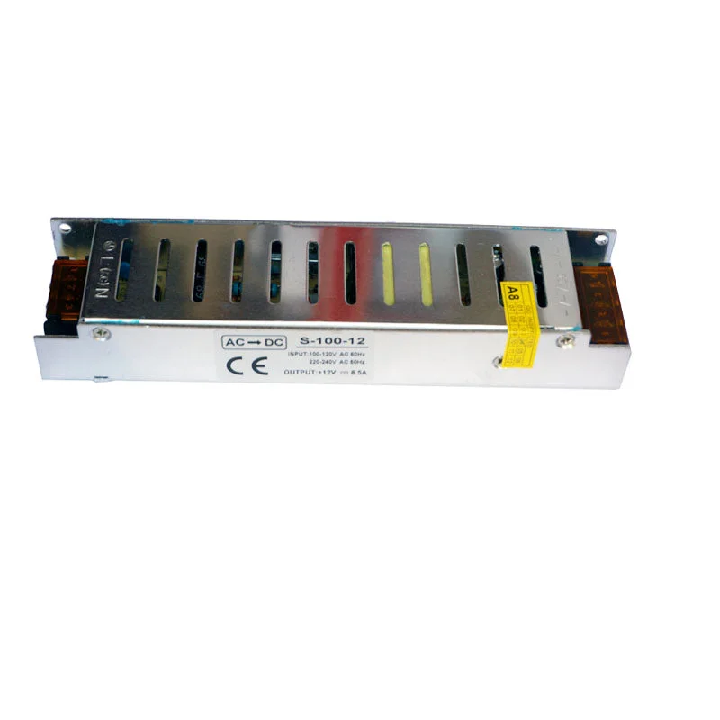 Compact 12V DC power supply, rectangular black unit, white label, 12V output, universal AC input, IP20, cooling fan.