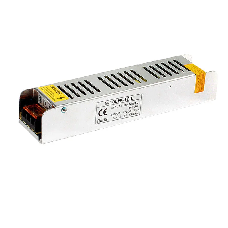 Compact 100W LED switching power supply with white plastic case, showing label and AC plug for indoor LED strip use.
