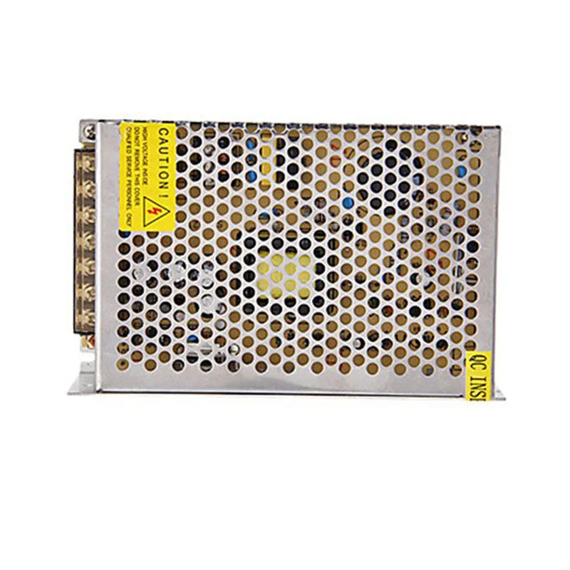 Regulated LED transformer with metal honeycomb casing, built‑in fan, screw terminals, 300 W output, AC 100–240V input, 110×119×50 mm