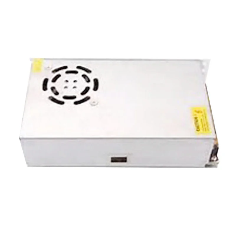 Compact aluminum alloy DC 12V power adapter with screw terminals and built‑in cooling fan, labeled 300W