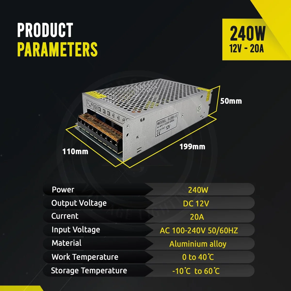 12V power supply 20A LED transformer in metal housing with labels, compact size 19.9x11x5cm, suitable for LEDs.