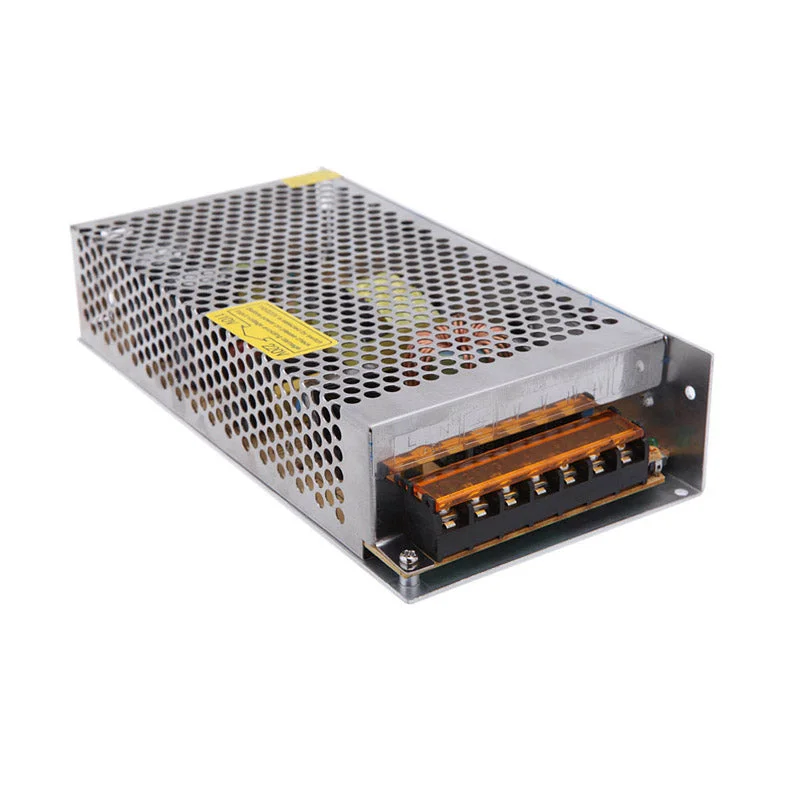 Compact 12V LED transformer in sturdy metal housing with built‑in cooling fan, ready for LED strip and 3‑phase lighting