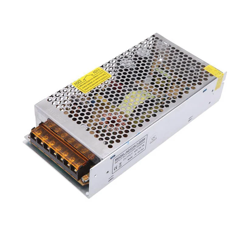 12V LED transformer in slim 45 mm high aluminium case, 200W, 17A output, labelled front.